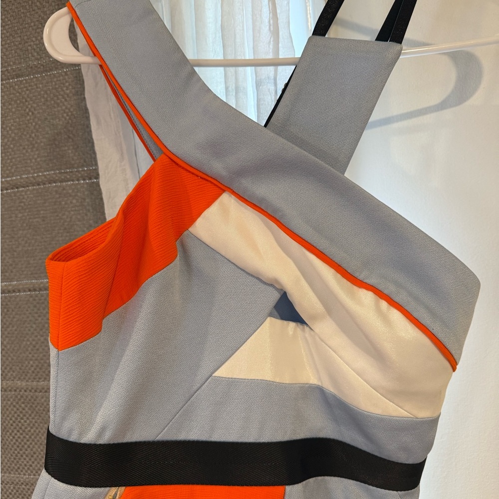 Three Floor One-Shoulder Dress in Light Blue, Orange, White, Black